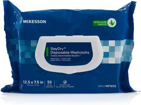 McKesson StayDry Disposable Wipes or Washcloths for Adults with Aloe, Incontinence, Alcohol-Free, 50 Wipes, 12 Packs, 600 Total in Saudi Arabia