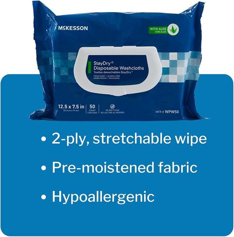 McKesson StayDry Disposable Wipes or Washcloths for Adults with Aloe, Incontinence, Alcohol-Free, 50 Wipes, 12 Packs, 600 Total in Saudi Arabia