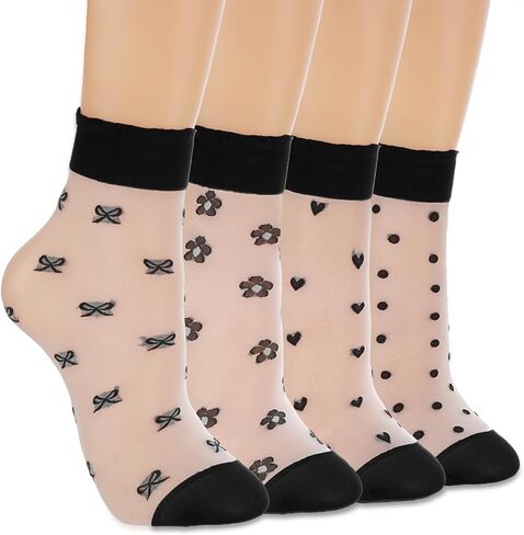 DIVINA VITAE 4 Pairs See Through Socks Elastic Womens Sheer Socks Thin Transparent Mesh Socks Clear Nylon Socks Lace Ruffle Sheer Crew Socks Women Fashion in Saudi Arabia