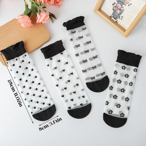 DIVINA VITAE 4 Pairs See Through Socks Elastic Womens Sheer Socks Thin Transparent Mesh Socks Clear Nylon Socks Lace Ruffle Sheer Crew Socks Women Fashion in Saudi Arabia