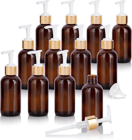 JUVITUS 4 oz / 120 ml Amber Glass Boston Round Bottle with Gold Lotion Pump + Funnel (4) in Saudi Arabia