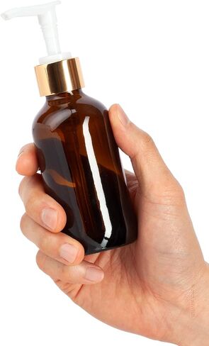 JUVITUS 4 oz / 120 ml Amber Glass Boston Round Bottle with Gold Lotion Pump + Funnel (4) in Saudi Arabia