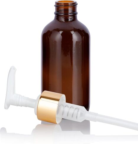 JUVITUS 4 oz / 120 ml Amber Glass Boston Round Bottle with Gold Lotion Pump + Funnel (4) in Saudi Arabia