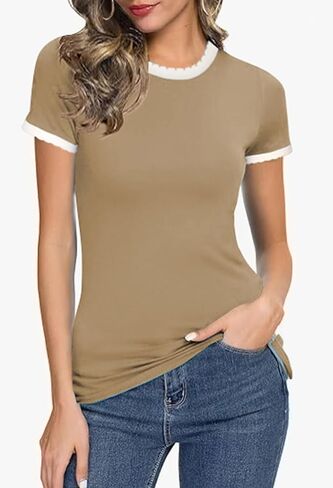 تي شيرت نسائي كاجوال من Angashion - 2024 بأكمام قصيرة وفتحة رقبة مستديرة وقصة ضيقة ومضلعة للصيف وبلوك أساسي تي شيرت أساسي in Kuwait