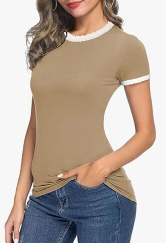 تي شيرت نسائي كاجوال من Angashion - 2024 بأكمام قصيرة وفتحة رقبة مستديرة وقصة ضيقة ومضلعة للصيف وبلوك أساسي تي شيرت أساسي in Kuwait