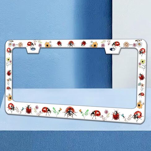 2 Pack Red Ladybug License Plate Frame Animal Flowers License Plate Holders Funny Stainless Steel Auto Accessory Bracket 2 Hole with Screws Universal Us Car License Plate Frames 6x12 in for Women Men in Saudi Arabia