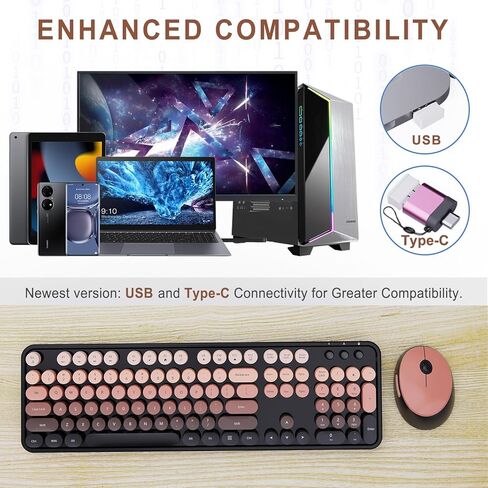 Wireless Keyboard and Mouse Combo, Ergonomic Full Size Typewriter Retro Round Keycaps Keyboard, Compatible with Windows, PC, Perfer for Home and Office Keyboards (Aurora Red) in Kuwait