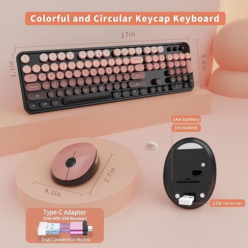 Wireless Keyboard and Mouse Combo, Ergonomic Full Size Typewriter Retro Round Keycaps Keyboard, Compatible with Windows, PC, Perfer for Home and Office Keyboards (Aurora Red) in Kuwait