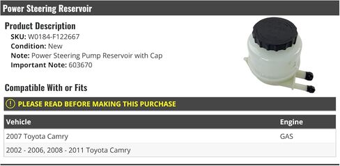 Power Steering Pump Reservoir with Cap - Compatible with 2002-2011 Toyota Camry Gas in Saudi Arabia