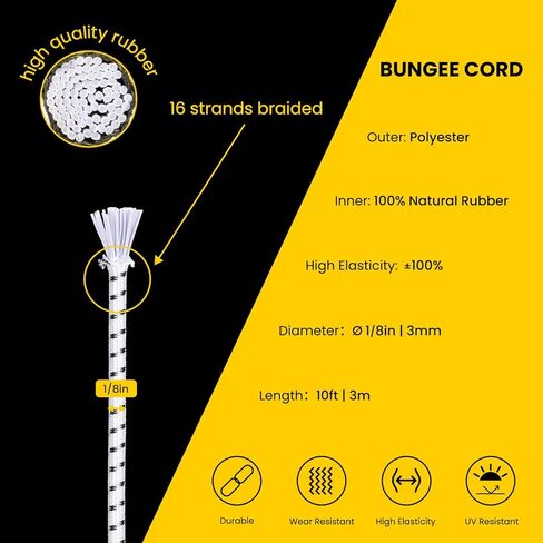 حبل بنجي مرن للصدمات مقاس 1/8 بوصة × 10 بوصة حبل بنجي للاستخدام بنفسك، وربطات العنق، وقوارب الكاياك وفي الهواء الطلق - أبيض وأسود in Kuwait
