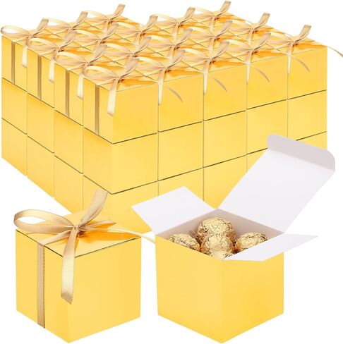 EUSOAR Candy Boxes Party Favors, 30pcs 3x3x3 Inches Black Gift Boxes Mini Bakery Cookies Box with Gold Ribbon, Square Paper Chocolate Containers for Wedding Birthday Bridal Party Favor Decoration in Saudi Arabia