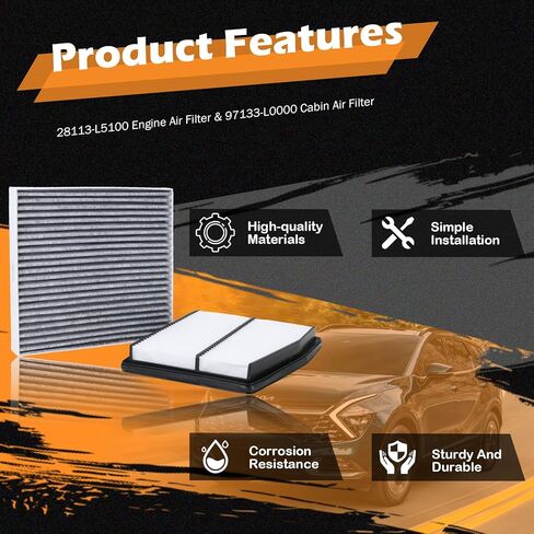 فلتر هواء المحرك Kefly 28113-L1000 وفلتر هواء المقصورة 97133-L0000 مناسب لـ 2021-2025 Hyundai Santa Fe 2022-2025 Santa Cruz، 2021-2025 Kia Sorento 2023-2025 Sportage 2021-2025 K5 2.5L 4Cyl L Gas in Kuwait
