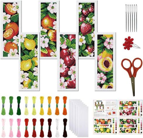 FREEBLOSS 6 Set Cross Stitch Bookmarks Kit Fruit&Flowers Stamped Cross Stitch Kit DIY Embroidery Bookmark Set with Instruction for Adults Beginners Gift for Reading Enthusiasts 8 * 2.4inch 11CT in Saudi Arabia