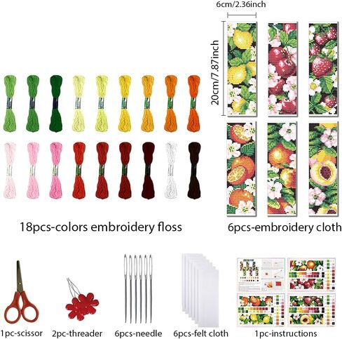 FREEBLOSS 6 Set Cross Stitch Bookmarks Kit Fruit&Flowers Stamped Cross Stitch Kit DIY Embroidery Bookmark Set with Instruction for Adults Beginners Gift for Reading Enthusiasts 8 * 2.4inch 11CT in Saudi Arabia
