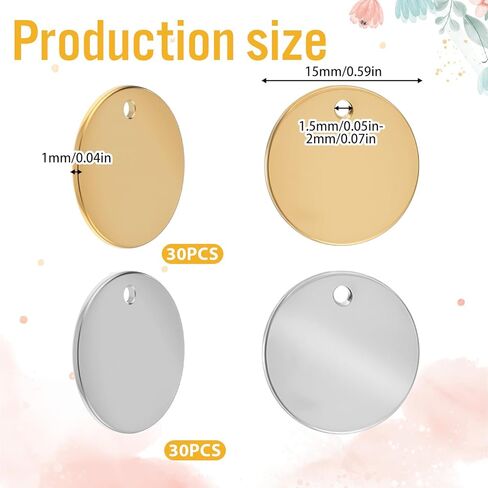 60Pcs Round 304 Metal Pendant Blanks Stainless Steel Stamping Tag Blanks Engraving Blank Metal Tag Charms for Engraving Necklace Making, Silver Gold in Saudi Arabia