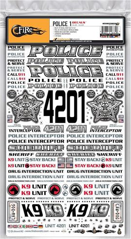FIRE BRAND RC® Police RC Decals (Silver) for 1:10 Scale RC Cars, Trucks, Planes, and Boats – Multi-Color Vinyl Decal Sheet, 8.5" x 14" with Metallics and UV Protection in Saudi Arabia