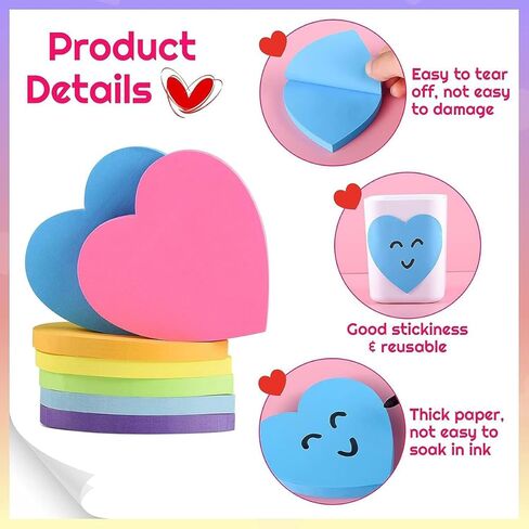 8 Colors Heart Shape Sticky Notes, Solid Color Self-Adhesive Memo Pads - Portable Post It Notes 30 Sheets/Color in Saudi Arabia