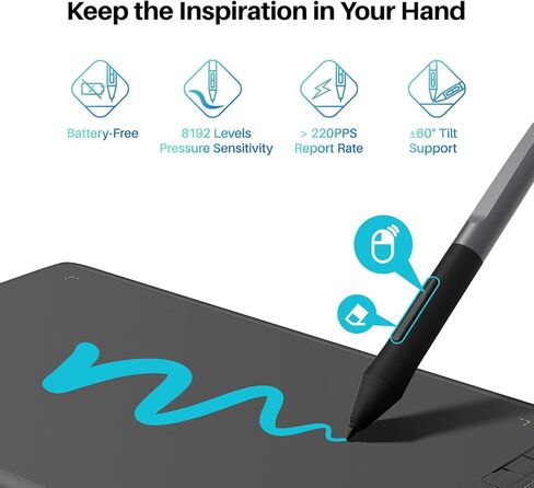 Drawing Tablet HUION HS610 Graphic Tablet with Battery-Free Stylus 8192 Pen Pressure Tilt Function, 10x6.25 Inches Digital Tablet for Animation & Design, Compatible with Windows/Mac/Android in Kuwait