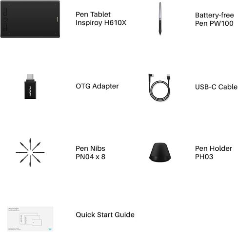 Drawing Tablet HUION HS610 Graphic Tablet with Battery-Free Stylus 8192 Pen Pressure Tilt Function, 10x6.25 Inches Digital Tablet for Animation & Design, Compatible with Windows/Mac/Android in Kuwait