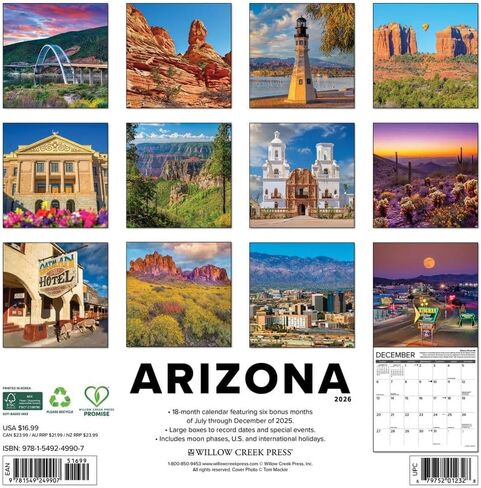 Willow Creek Press، تقويم حائط Arizona Travel and Events 2026، 12 بوصة × 12 بوصة، تقويم 18 شهرًا مع غلاف مثبت in Saudi Arabia