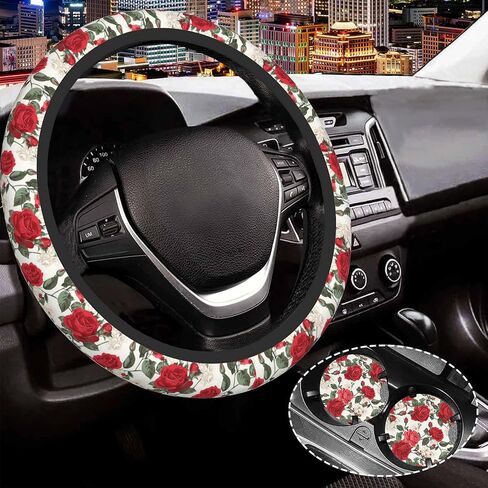 Vintage Red Roses Florals Steering Wheel Cover Anti-Slip and Practical Neoprene Car Steering Wheel Cover with 2PCS Car Coasters for Women Men,Universal 15" Fit for Sedans,Trucks in Saudi Arabia
