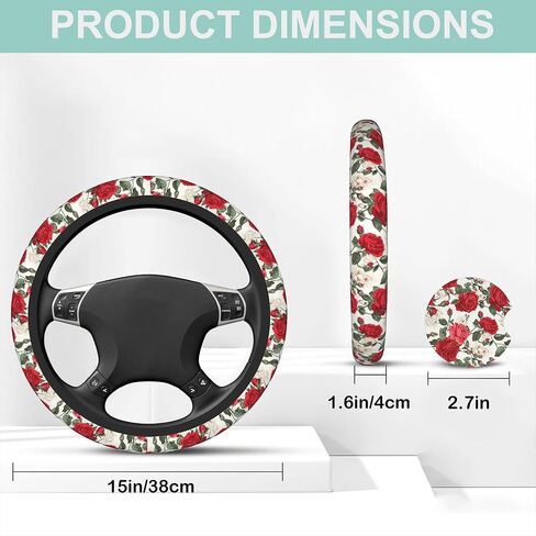 Vintage Red Roses Florals Steering Wheel Cover Anti-Slip and Practical Neoprene Car Steering Wheel Cover with 2PCS Car Coasters for Women Men,Universal 15" Fit for Sedans,Trucks in Saudi Arabia