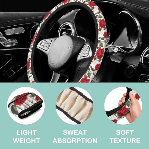 Vintage Red Roses Florals Steering Wheel Cover Anti-Slip and Practical Neoprene Car Steering Wheel Cover with 2PCS Car Coasters for Women Men,Universal 15" Fit for Sedans,Trucks in Saudi Arabia