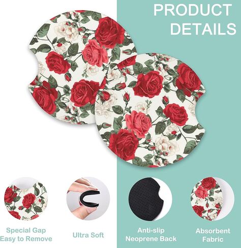 Vintage Red Roses Florals Steering Wheel Cover Anti-Slip and Practical Neoprene Car Steering Wheel Cover with 2PCS Car Coasters for Women Men,Universal 15" Fit for Sedans,Trucks in Saudi Arabia