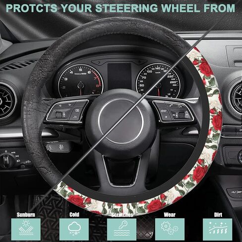 Vintage Red Roses Florals Steering Wheel Cover Anti-Slip and Practical Neoprene Car Steering Wheel Cover with 2PCS Car Coasters for Women Men,Universal 15" Fit for Sedans,Trucks in Saudi Arabia