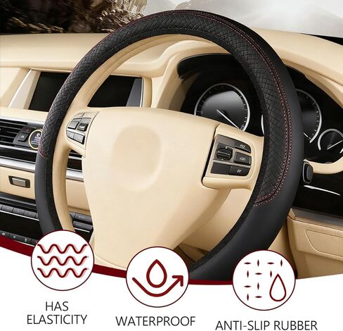 Car Steering Wheel Cover, 15 Inch Elastic Stretch Leather Vehicle Steer Wheel Cover Protector, Anti-Slip Breathable Automotive Interior Protection Accessories, Universal Fit (Black) in Saudi Arabia