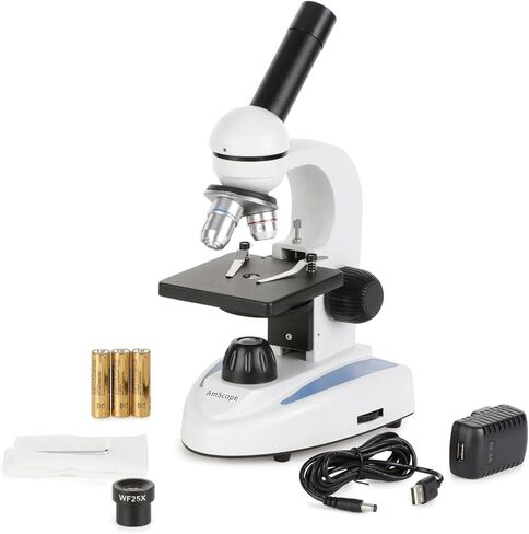 AmScope M149C-2L-E مجهر أحادي العين رقمي مركب، عدسات WF10x وWF25x، تكبير 40x-1000x، إضاءة LED العلوية والسفلية، Brightfield، مكثف أحادي العدسة، مرحلة عادية، 110 فولت أو يعمل بالبطارية، إطار معدني عالي التحمل، يتضمن 0.3 م in Kuwait
