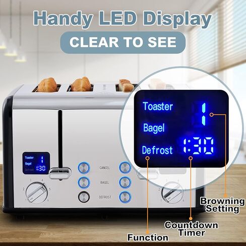CUSIMAX 4 Slice Toaster with Smart LED Display, Stainless Steel Toaster with Exart Wide Slots, 6 Shade Settings, Bagel, Defrost and Cancel Fuction, 1650 Watts, Removable Crumb Trays, Black in Saudi Arabia