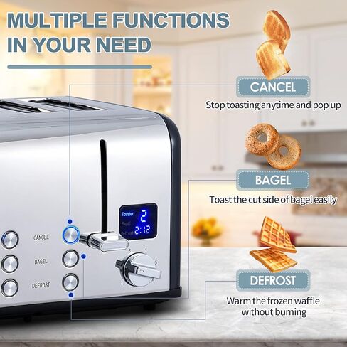 CUSIMAX 4 Slice Toaster with Smart LED Display, Stainless Steel Toaster with Exart Wide Slots, 6 Shade Settings, Bagel, Defrost and Cancel Fuction, 1650 Watts, Removable Crumb Trays, Black in Saudi Arabia