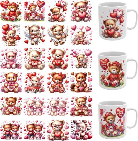 24 PCS UV DTF Cup Wrap,Valentine's Day Teddy Bear UV DTF Transfer Waterproof Stickers for Glass Cups Furniture Craft DIY Crafts in Saudi Arabia