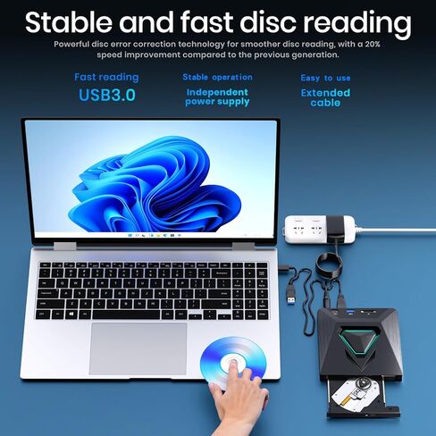 محرك أقراص DVD خارجي aelrsoch، USB 3.0 محمول CD/DVD +/-RW محرك أقراص/مشغل DVD لأجهزة الكمبيوتر المحمول CD ROM ناسخ متوافق in Saudi Arabia