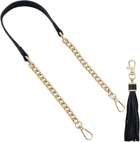 PU Leather Purse Chain Strap with Tassel Pendant 24 Inch Microfiber Leather Bag Chain Replacement Flat Handbag Handle for Women Shoulder Crossbody Bag Handbag DIY Crafts(Black Gold) in Saudi Arabia
