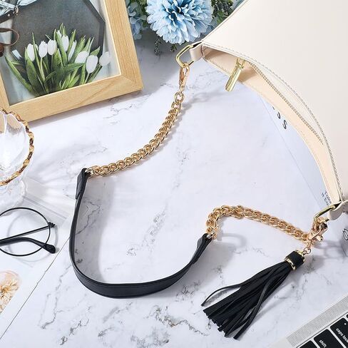 PU Leather Purse Chain Strap with Tassel Pendant 24 Inch Microfiber Leather Bag Chain Replacement Flat Handbag Handle for Women Shoulder Crossbody Bag Handbag DIY Crafts(Black Gold) in Saudi Arabia