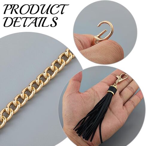 PU Leather Purse Chain Strap with Tassel Pendant 24 Inch Microfiber Leather Bag Chain Replacement Flat Handbag Handle for Women Shoulder Crossbody Bag Handbag DIY Crafts(Black Gold) in Saudi Arabia