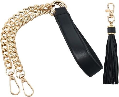 PU Leather Purse Chain Strap with Tassel Pendant 24 Inch Microfiber Leather Bag Chain Replacement Flat Handbag Handle for Women Shoulder Crossbody Bag Handbag DIY Crafts(Black Gold) in Saudi Arabia
