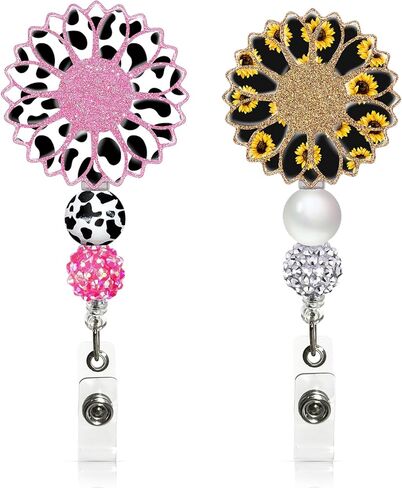 2Pcs Cute Badge Reel Retractable Badge Holder, Funny Cow Sunflower Badge Reel Acrylic ID Card Holder with Beads for Nurse,Volunteer,Teacher,Office Workers,Student in Saudi Arabia