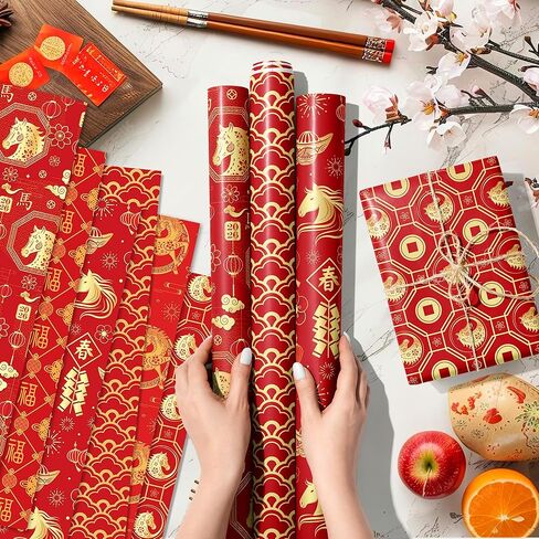 HOWAF 12 Sheets Chinese New Year Wrapping Paper, Year of The Horse Gift Wrapping Paper for Friends Families Collague Spring Festival Party Favors Gift Decor, Lunar New Year Gifts Wrap Paper in Saudi Arabia