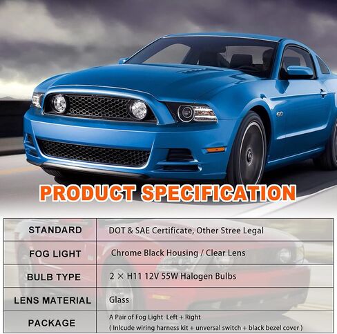 Nixon Offroad Fog Light Set for 2013 2014 Ford Mustang w/Halogen Bulbs + Wiring Harness Kit + Universal Switch + Black Bezel Cover, Fog Light Assembly, Fog Lamp Combo Replacement Clear Lens in Saudi Arabia