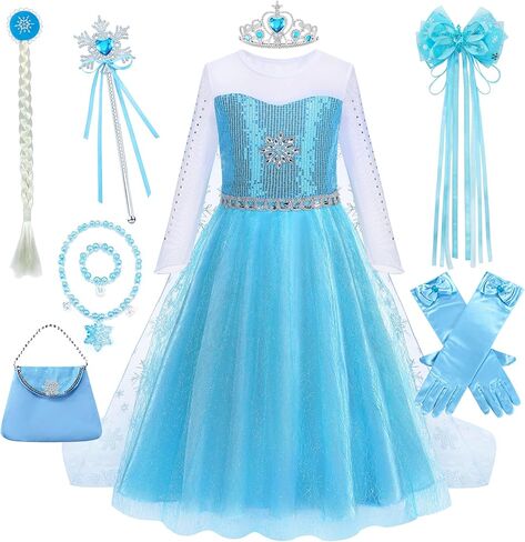 فستان الأميرة للفتيات، زي الهالوين الثلجي التنكري مع قبعة طويلة 3-10 سنوات لحفلات أعياد الميلاد وحقيبة التاج in Kuwait