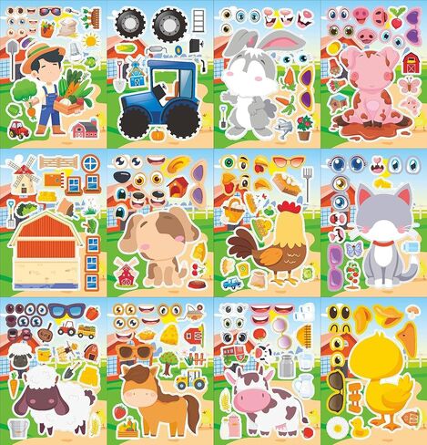 12 Sheets Farm Animals Sticker, Mix & Match Your Own Farm Animal Stickers for Farm Animal Party Supplies, Birthday Decorations, Crafts & Activities in Saudi Arabia