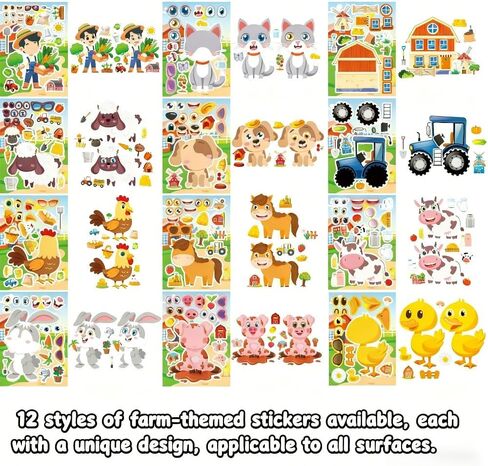 12 Sheets Farm Animals Sticker, Mix & Match Your Own Farm Animal Stickers for Farm Animal Party Supplies, Birthday Decorations, Crafts & Activities in Saudi Arabia
