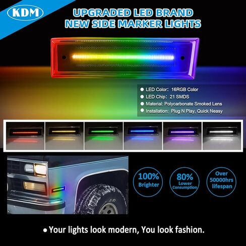 kdm rgb كامل led عدسة مدخنة الحاجز الجانب ماركر أضواء عاكسات متعددة الألوان، تناسب 1981-1991 تشيفي c10 c20 c30 gmc c1500 c2500 سوبربان بليزر جيمي، تجميع المصد الأمامي أضواء علامة الجانب، 2pack in Saudi Arabia