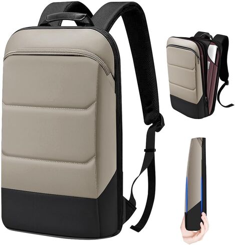 حقيبة ظهر ZINZ Slim للكمبيوتر المحمول مقاس 17.3 بوصة بسعة متغيرة ومنفذ USB، حقيبة ظهر للأعمال مضادة للسرقة ومقاومة للماء للرجال والنساء - كستنائي in Kuwait