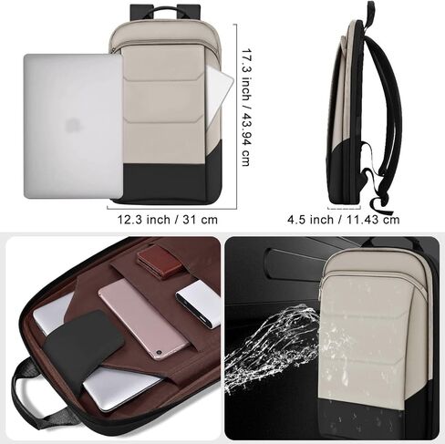 حقيبة ظهر ZINZ Slim للكمبيوتر المحمول مقاس 17.3 بوصة بسعة متغيرة ومنفذ USB، حقيبة ظهر للأعمال مضادة للسرقة ومقاومة للماء للرجال والنساء - كستنائي in Kuwait