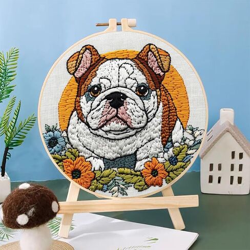 Punch Needle Kits English Bulldog Under Sunset Embroidery Starter Set with Hoop Easy for Beginners DIY Stress Relief Handmade Craft Hobby and Home Decor 20x20cm-3 in Saudi Arabia