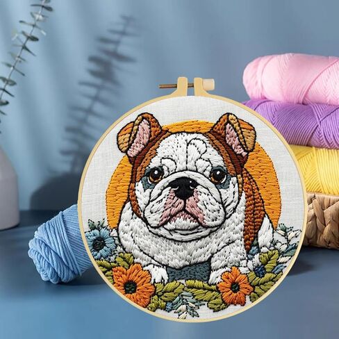 Punch Needle Kits English Bulldog Under Sunset Embroidery Starter Set with Hoop Easy for Beginners DIY Stress Relief Handmade Craft Hobby and Home Decor 20x20cm-3 in Saudi Arabia